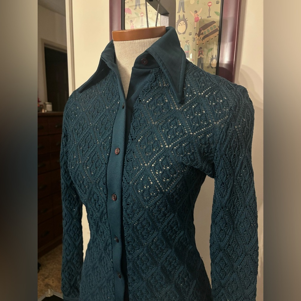 VINTAGE: Pointed Collar Geometric Crochet Knit Blouse *SZ. XS/S (PINE GREEN)